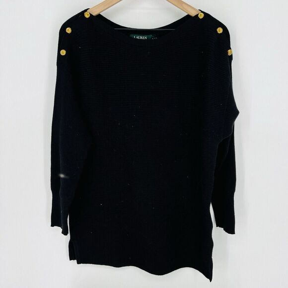 Ralph Lauren Black Ribbed Oversized Sweater Shoulder Buttons Size Medium - Picture 1 of 5
